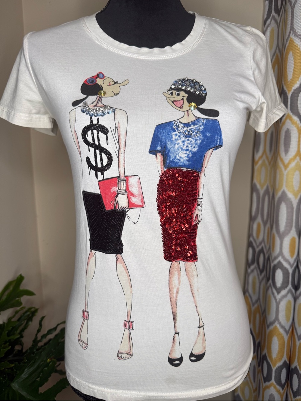 White Graphic Tee with Cartoon Image Design Size Small